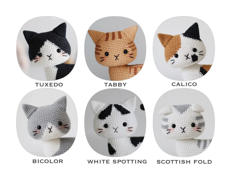 6 in 1 Digital Cat Collection Crochet Pattern Bundle – Scottish Fold, Tuxedo, Calico, Tabby, Bicolor and WHITE SPOTTING | Hainchan
